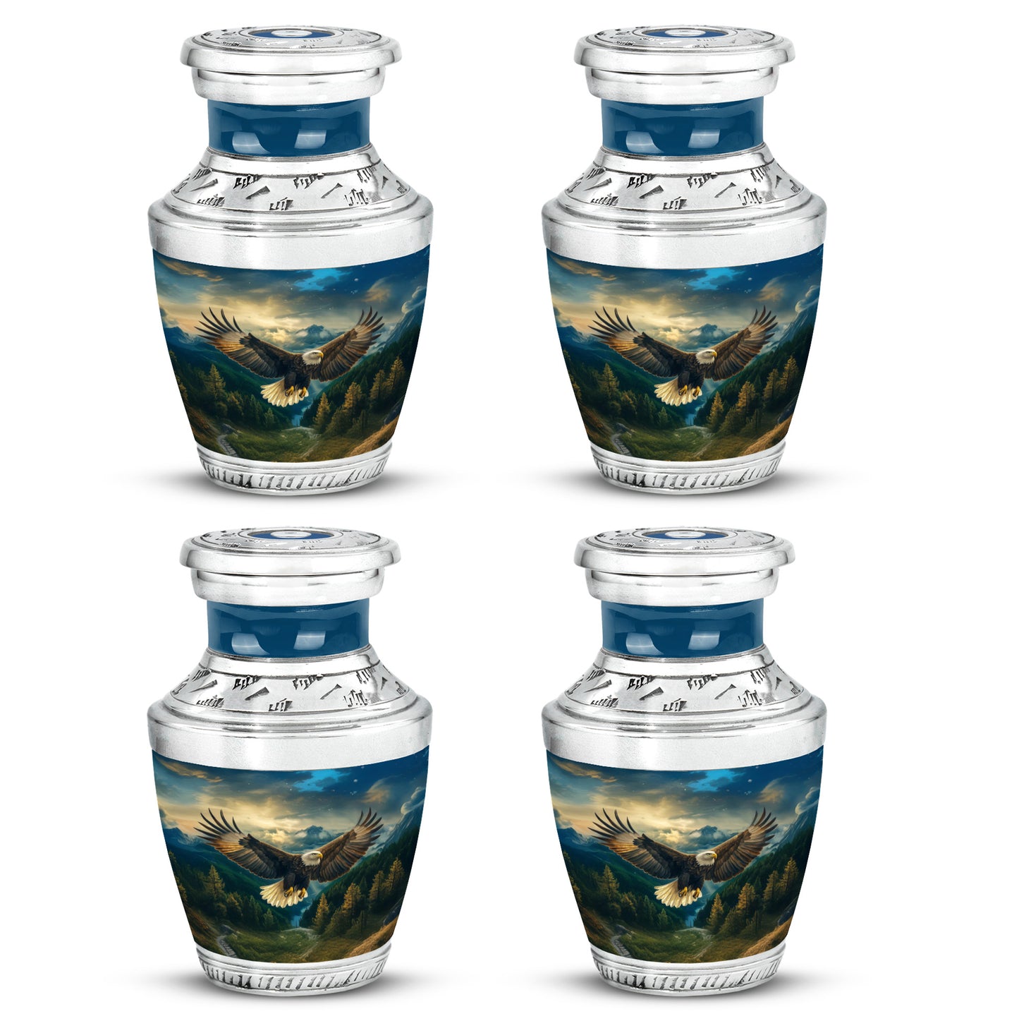 Sky Blue Eagle Cremation Urn back view with polished surface - modern art-inspired eagle motif on sleek aluminum - 10 inch aluminum urn for cremated remains