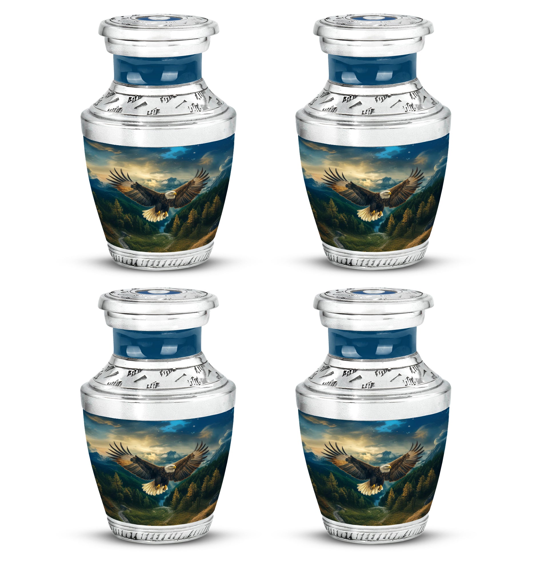 Sky Blue Eagle Cremation Urn back view with polished surface - modern art-inspired eagle motif on sleek aluminum - 10 inch aluminum urn for cremated remains