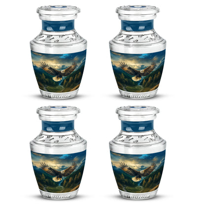 Sky Blue Eagle Cremation Urn back view with polished surface - modern art-inspired eagle motif on sleek aluminum - 10 inch aluminum urn for cremated remains