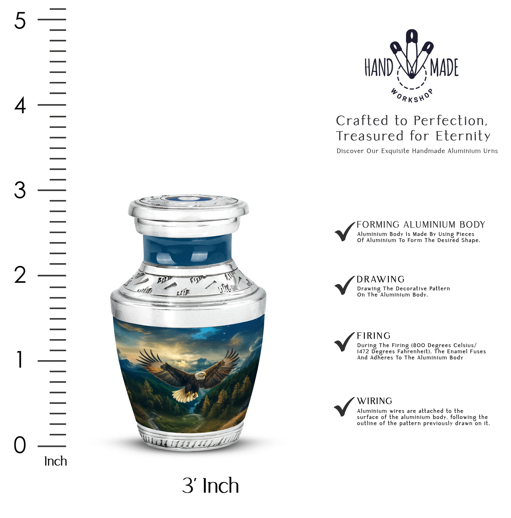 Dusty Blue Eagle Cremation Urn top-down view of secure threaded lid - contemporary eagle design with modern artistic flair - mini keepsake memorial for portion of cremation ashes