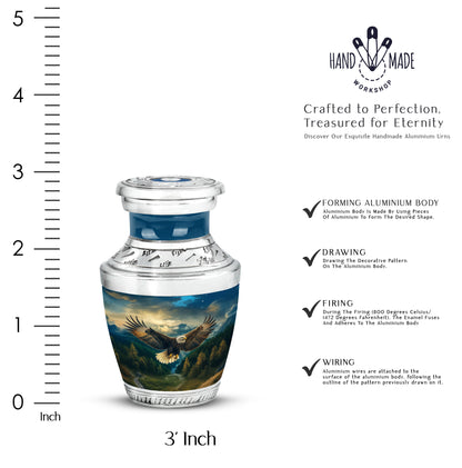 Dusty Blue Eagle Cremation Urn top-down view of secure threaded lid - contemporary eagle design with modern artistic flair - mini keepsake memorial for portion of cremation ashes