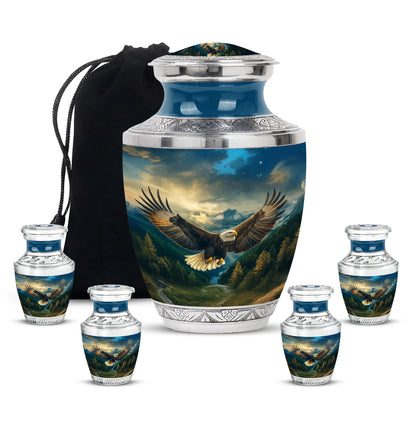 Slate Blue Eagle Cremation Urn lifestyle display on memorial shelf - modern art-inspired eagle motif on sleek aluminum - memorial set with one large and four small urns