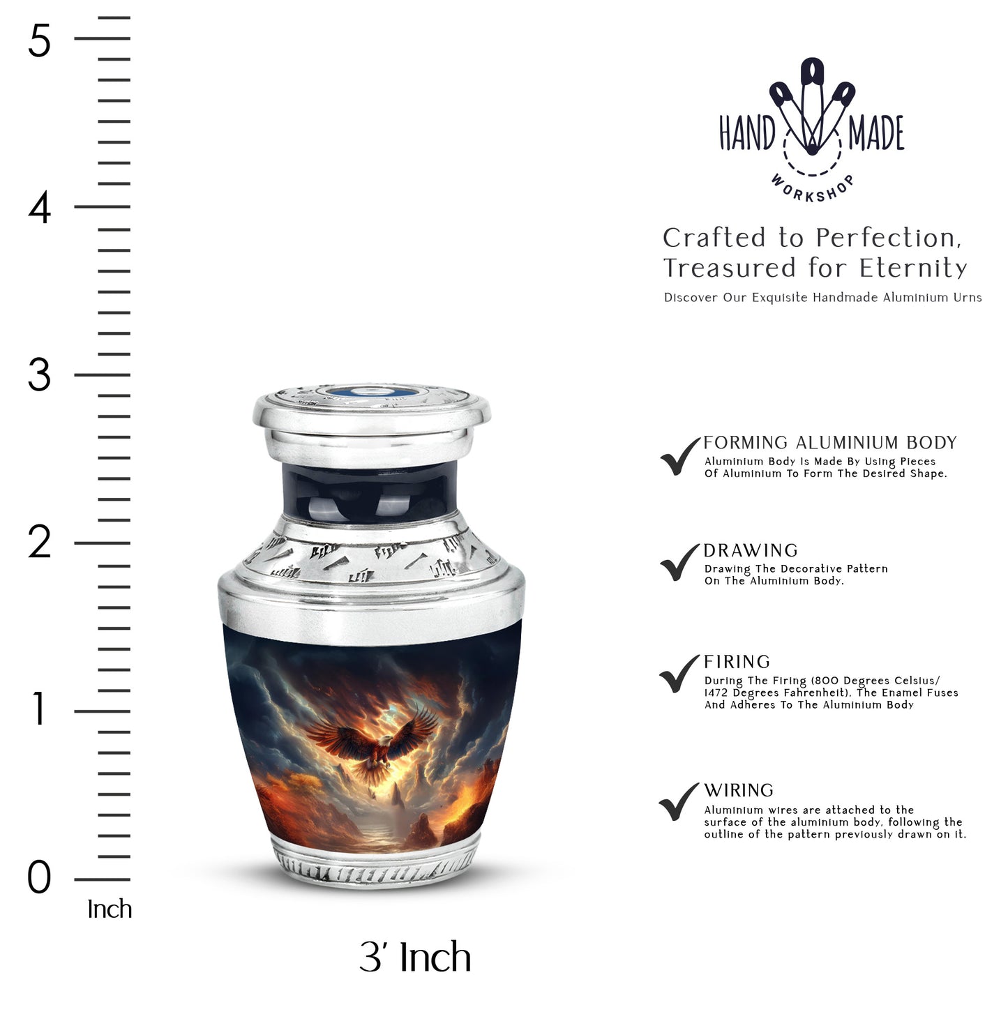 Glossy Black Eagle Cremation Urn top-down view of secure threaded lid - contemporary eagle design with modern artistic flair - mini keepsake memorial for portion of cremation ashes