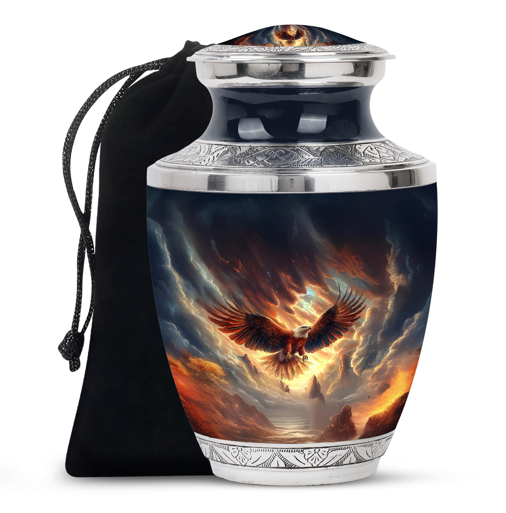 Rich Black Eagle Cremation Urn side profile showing urn shape - modern art-inspired eagle motif on sleek aluminum - full-size 10 inch 200 cubic inch adult cremation urn