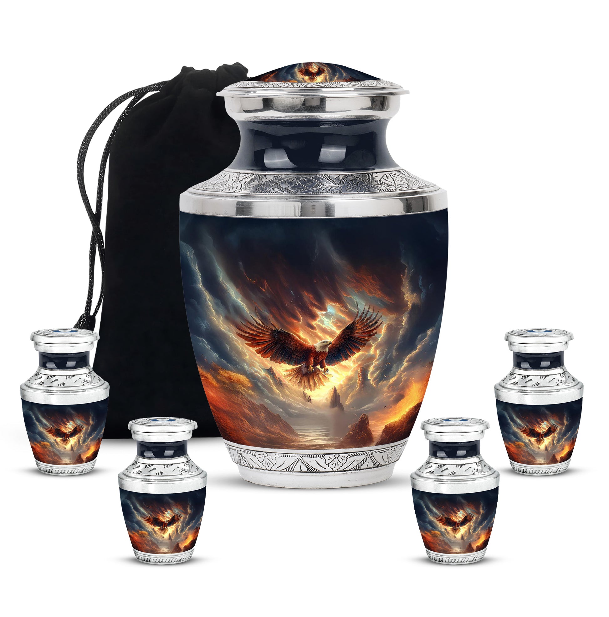 Obsidian Black Eagle Cremation Urn lifestyle display on memorial shelf - stylized abstract eagle pattern with bold lines - memorial set with one large and four small urns