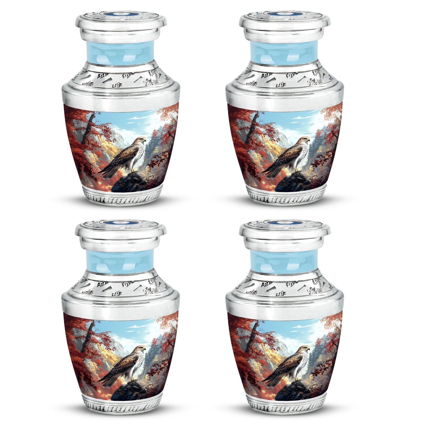Soft Blue Eagle Cremation Urn back view with polished surface - stylized abstract eagle pattern with bold lines - 10 inch aluminum urn for cremated remains