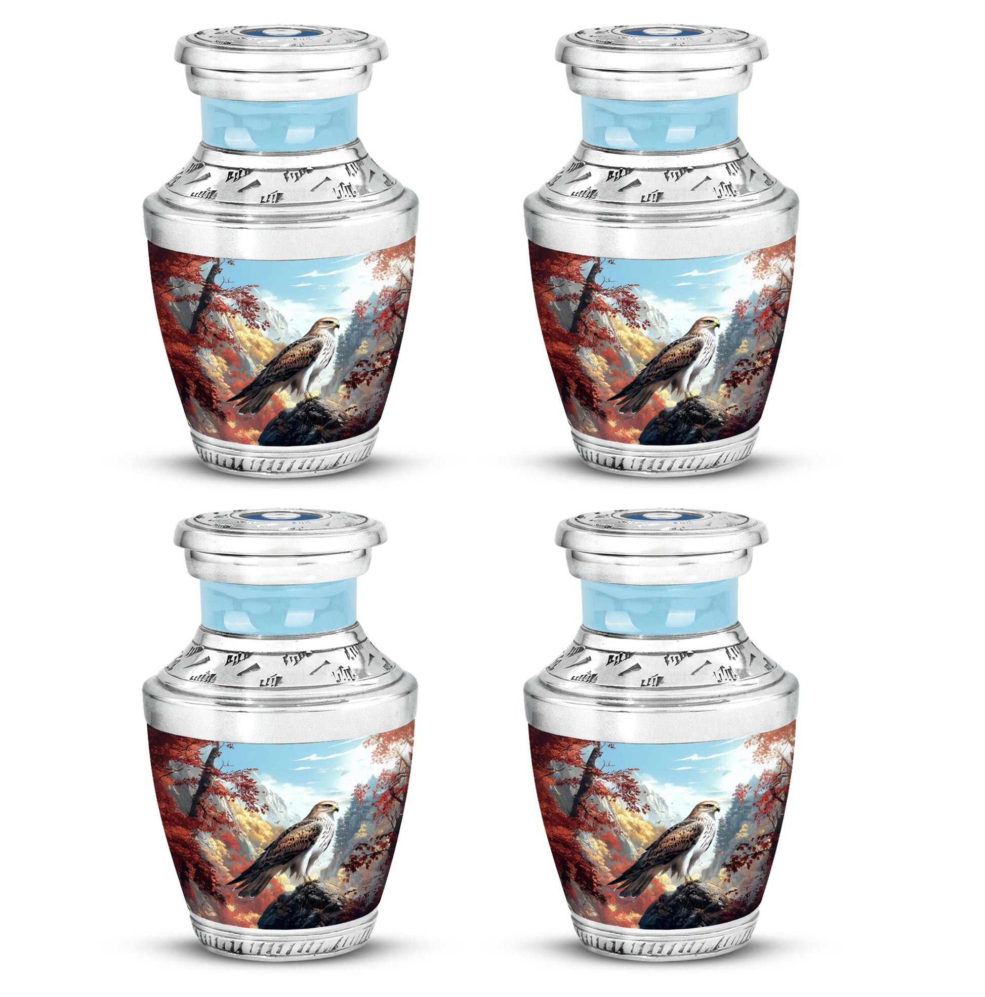 Soft Blue Eagle Cremation Urn back view with polished surface - stylized abstract eagle pattern with bold lines - 10 inch aluminum urn for cremated remains
