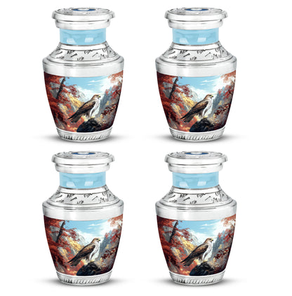 Soft Blue Eagle Cremation Urn back view with polished surface - stylized abstract eagle pattern with bold lines - 10 inch aluminum urn for cremated remains