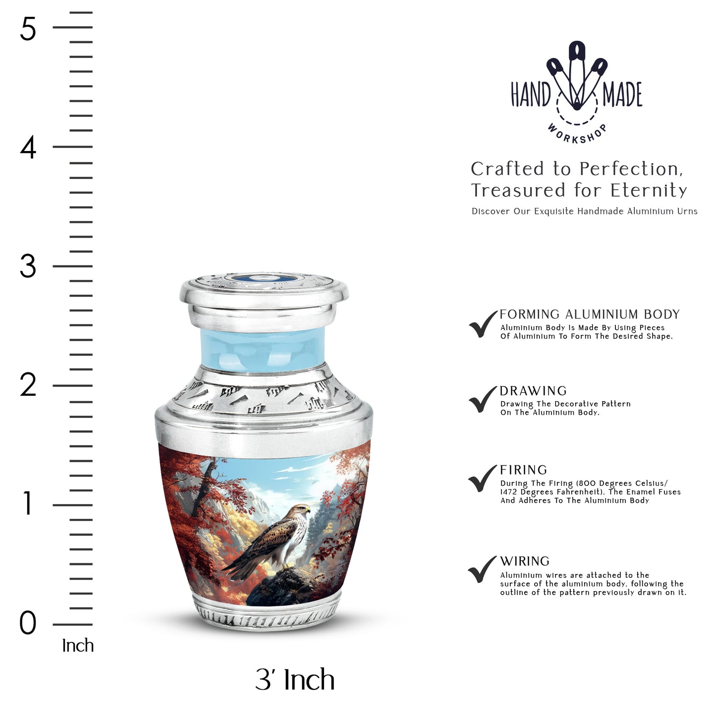 Powder Blue Eagle Cremation Urn top-down view of secure threaded lid - contemporary eagle design with modern artistic flair - mini keepsake memorial for portion of cremation ashes