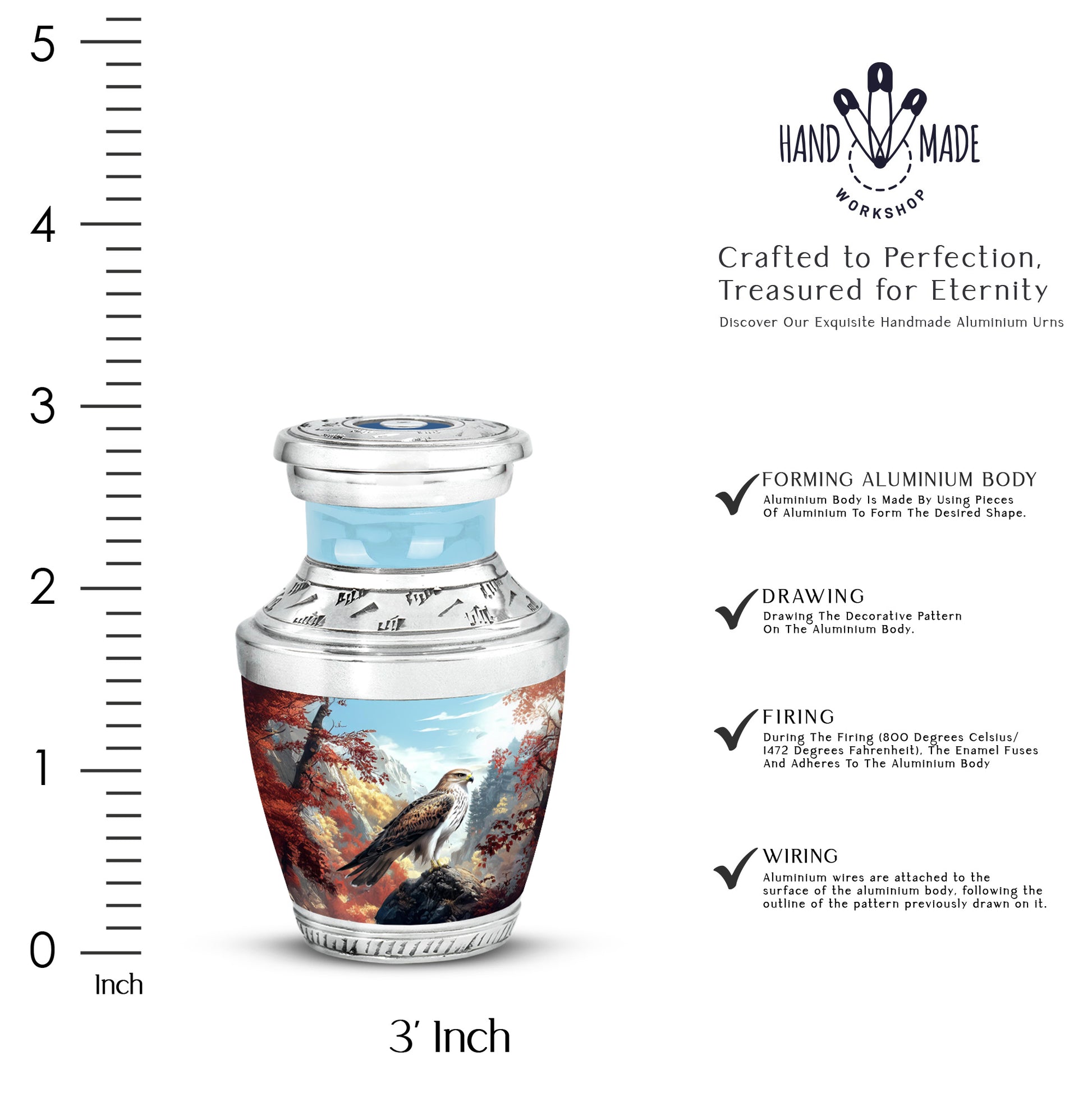 Powder Blue Eagle Cremation Urn top-down view of secure threaded lid - contemporary eagle design with modern artistic flair - mini keepsake memorial for portion of cremation ashes