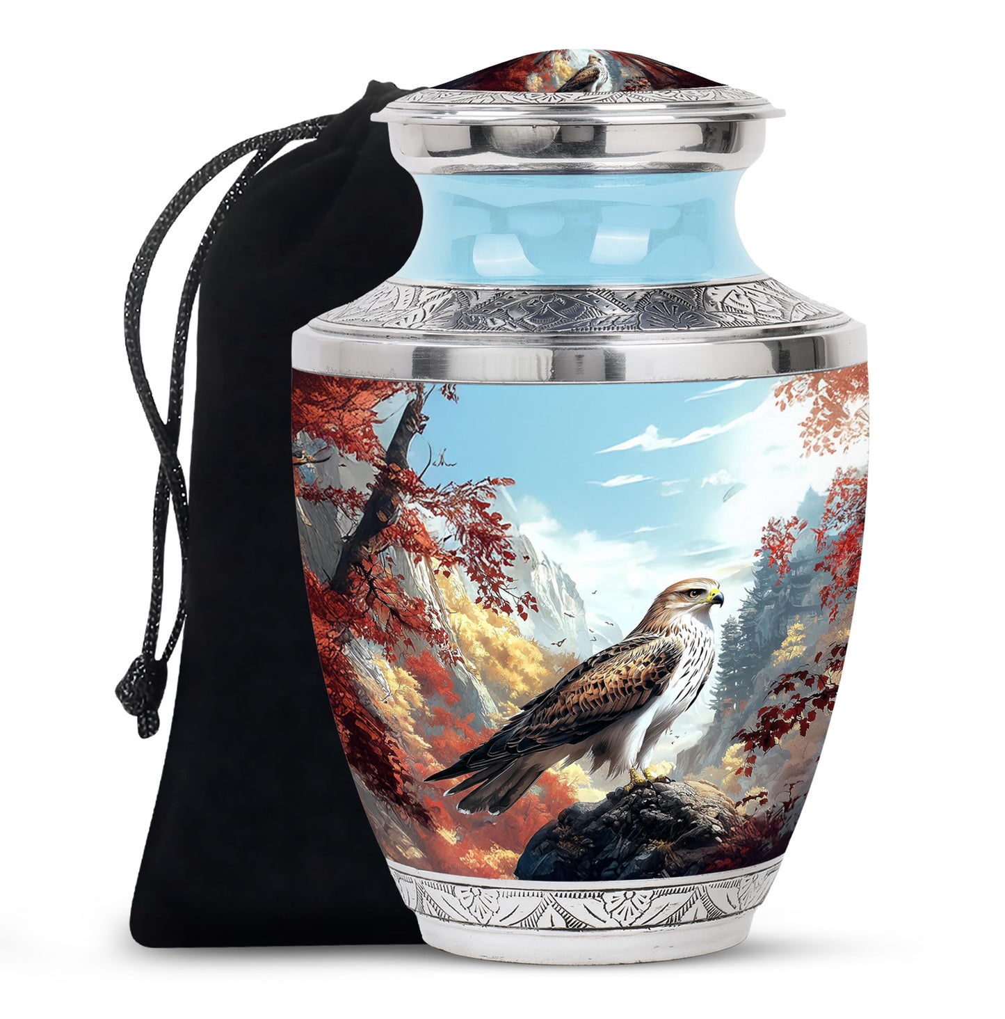 Sapphire Blue Eagle Cremation Urn side profile showing urn shape - artistic eagle interpretation with creative detail - full-size 10 inch 200 cubic inch adult cremation urn