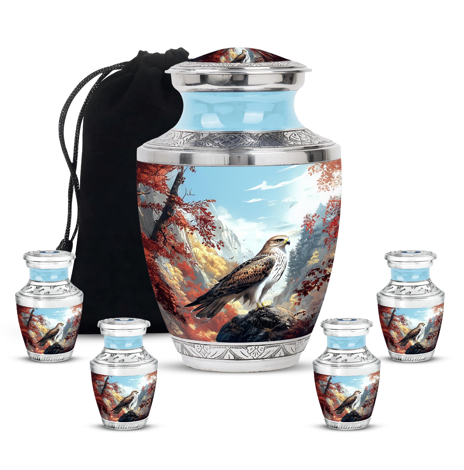 Indigo Eagle Cremation Urn lifestyle display on memorial shelf - contemporary eagle design with modern artistic flair - memorial set with one large and four small urns