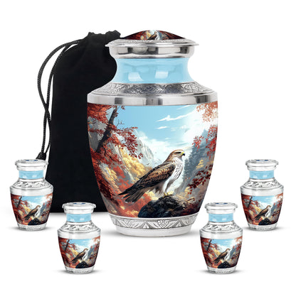 Indigo Eagle Cremation Urn lifestyle display on memorial shelf - contemporary eagle design with modern artistic flair - memorial set with one large and four small urns