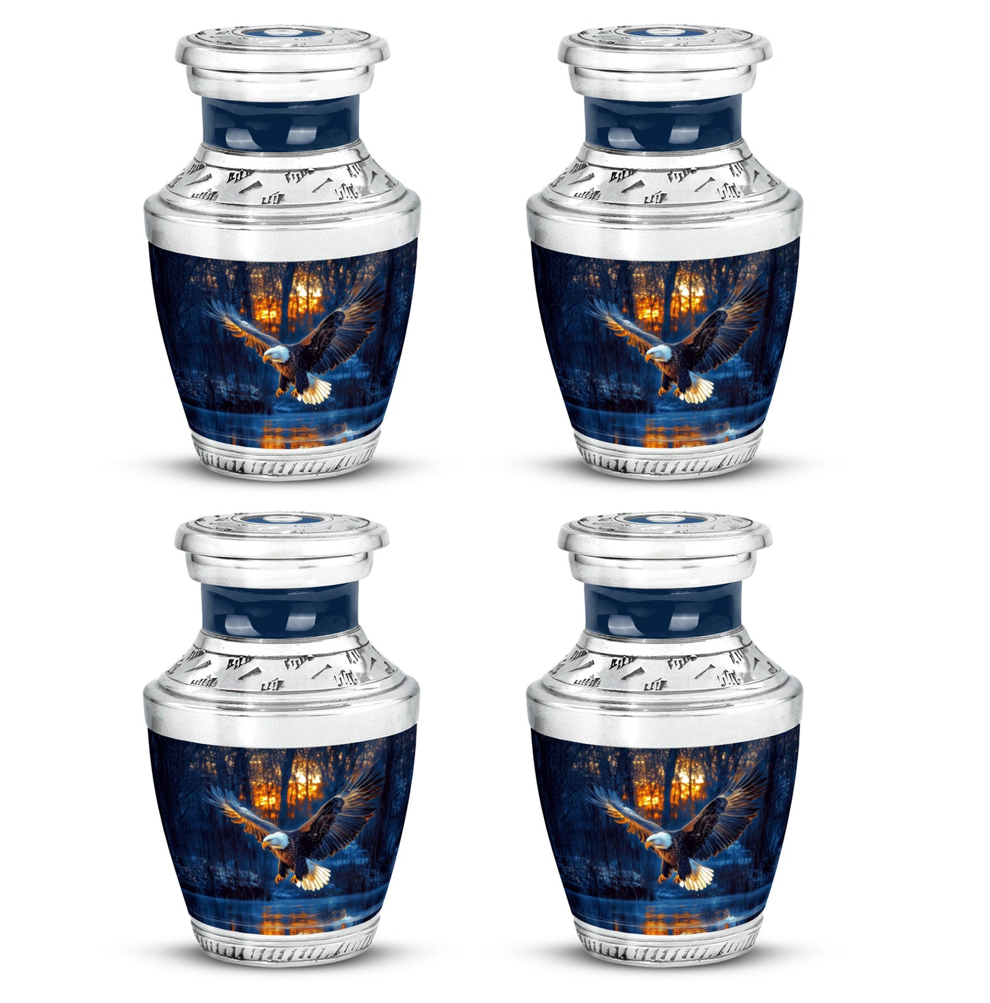 Sapphire Blue Eagle Cremation Urn back view with polished surface - artistic eagle interpretation with creative detail - 10 inch aluminum urn for cremated remains