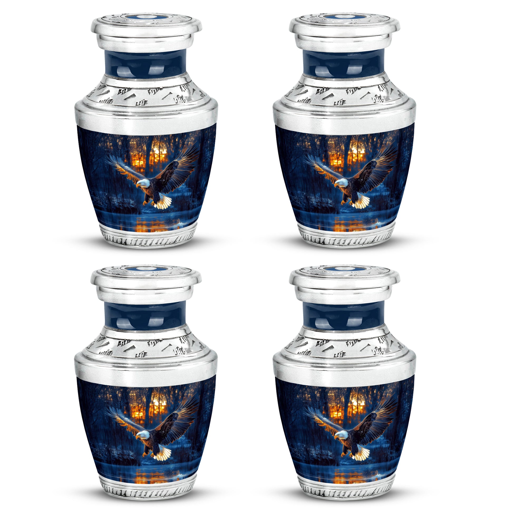 Sapphire Blue Eagle Cremation Urn back view with polished surface - artistic eagle interpretation with creative detail - 10 inch aluminum urn for cremated remains
