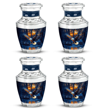 Sapphire Blue Eagle Cremation Urn back view with polished surface - artistic eagle interpretation with creative detail - 10 inch aluminum urn for cremated remains
