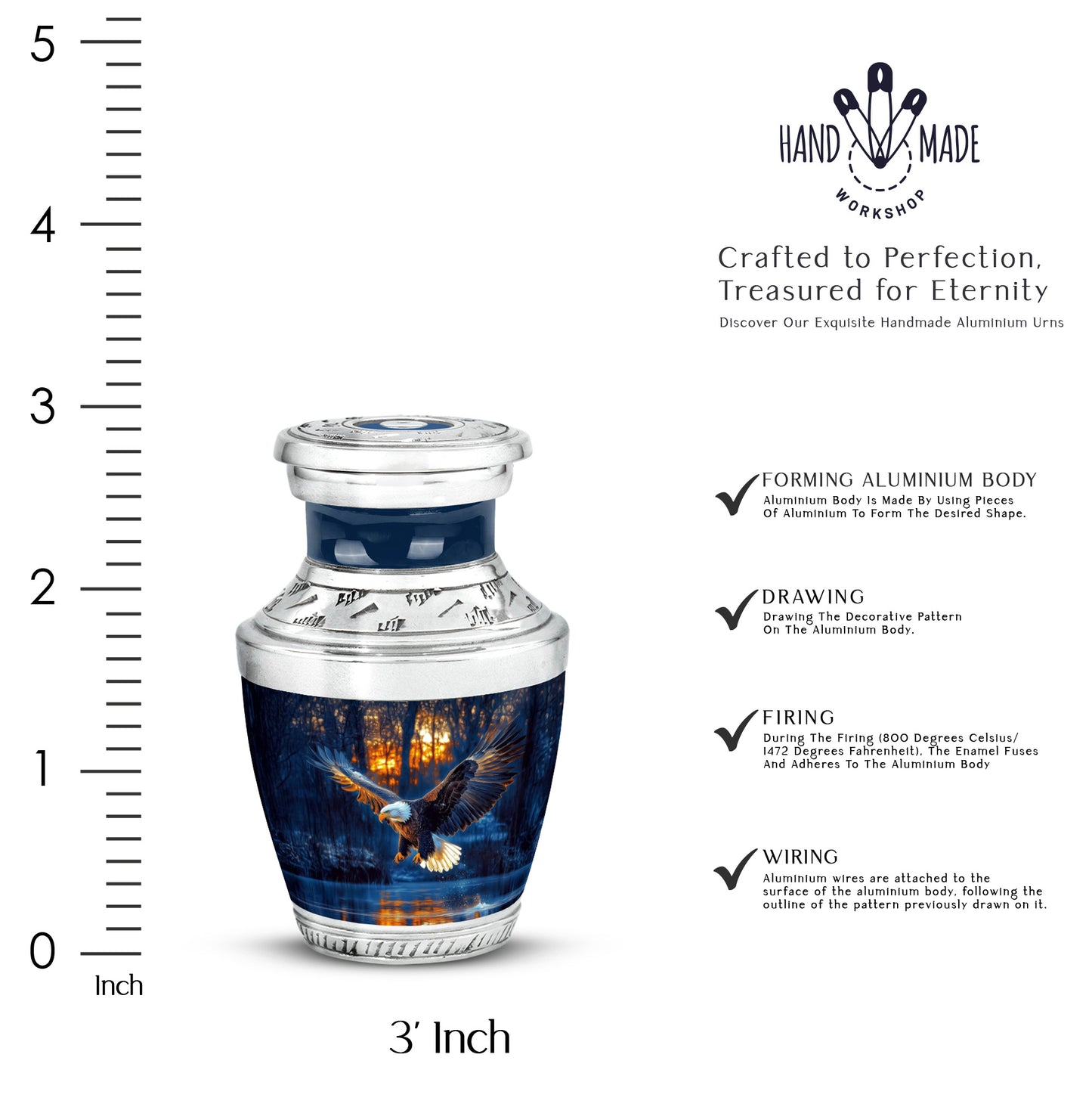 Steel Blue Eagle Cremation Urn top-down view of secure threaded lid - stylized abstract eagle pattern with bold lines - mini keepsake memorial for portion of cremation ashes
