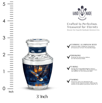 Steel Blue Eagle Cremation Urn top-down view of secure threaded lid - stylized abstract eagle pattern with bold lines - mini keepsake memorial for portion of cremation ashes