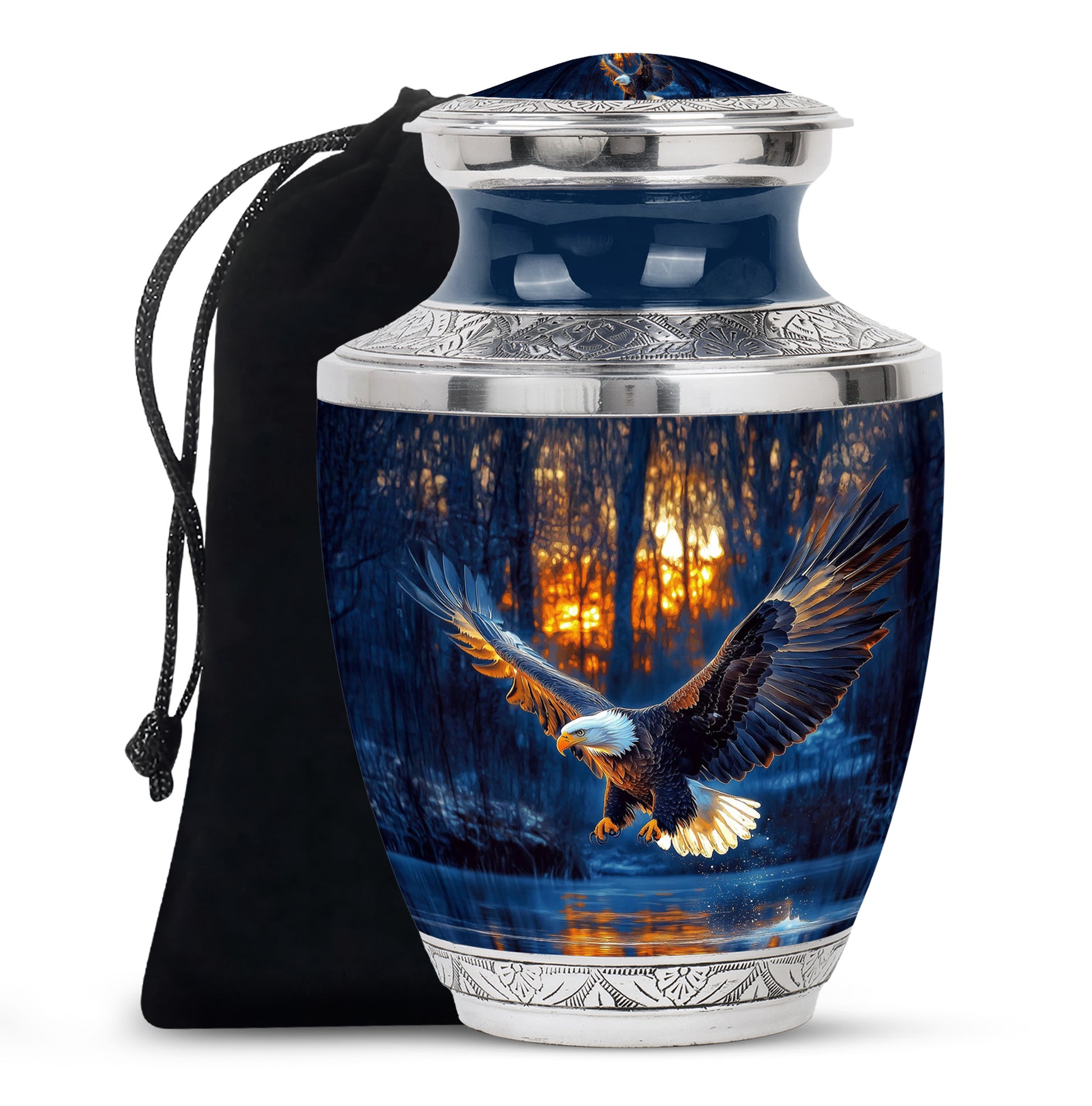 Cobalt Blue Eagle Cremation Urn side profile showing urn shape - stylized abstract eagle pattern with bold lines - full-size 10 inch 200 cubic inch adult cremation urn