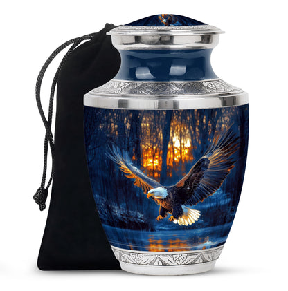 Cobalt Blue Eagle Cremation Urn side profile showing urn shape - stylized abstract eagle pattern with bold lines - full-size 10 inch 200 cubic inch adult cremation urn