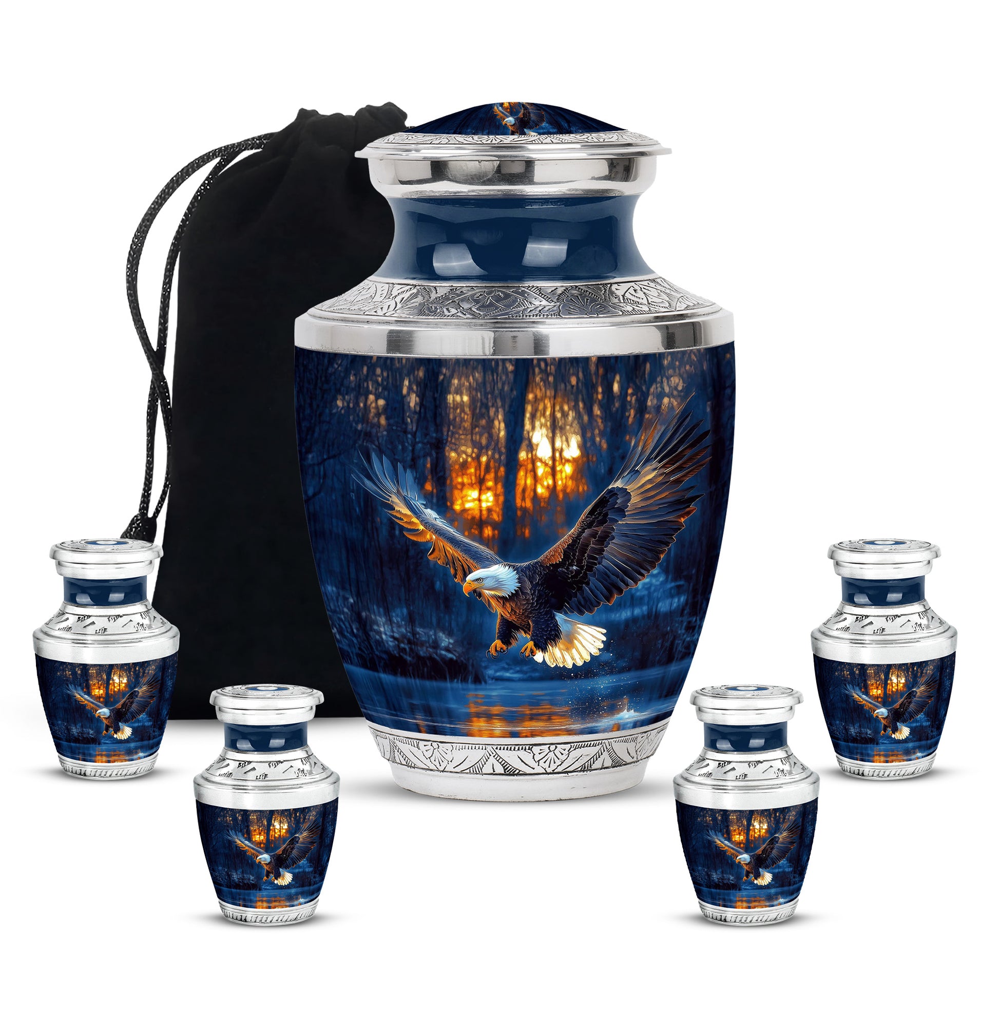 Sapphire Blue Eagle Cremation Urn lifestyle display on memorial shelf - artistic eagle interpretation with creative detail - memorial set with one large and four small urns