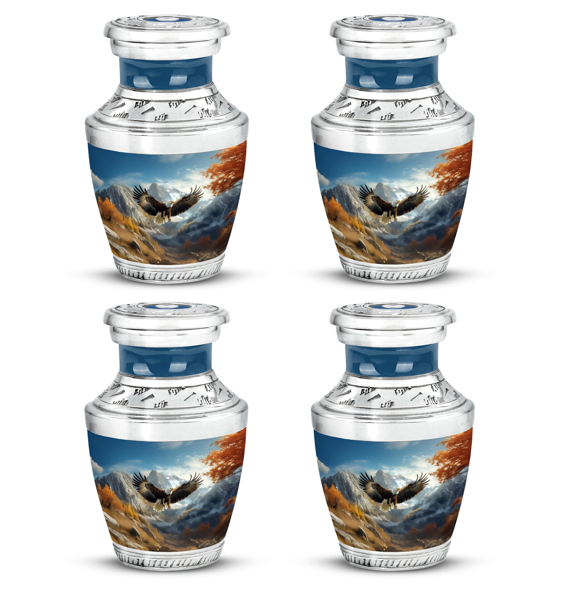 Misty Blue Eagle Cremation Urn back view with polished surface - modern art-inspired eagle motif on sleek aluminum - 10 inch aluminum urn for cremated remains