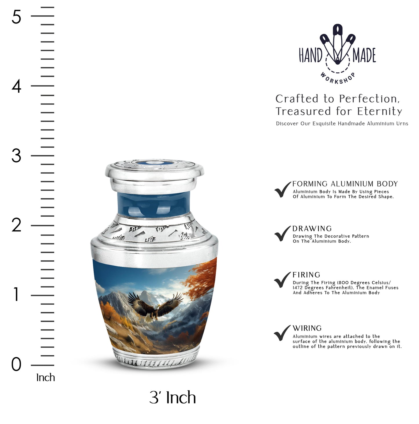 Calming Blue Eagle Cremation Urn top-down view of secure threaded lid - stylized abstract eagle pattern with bold lines - mini keepsake memorial for portion of cremation ashes