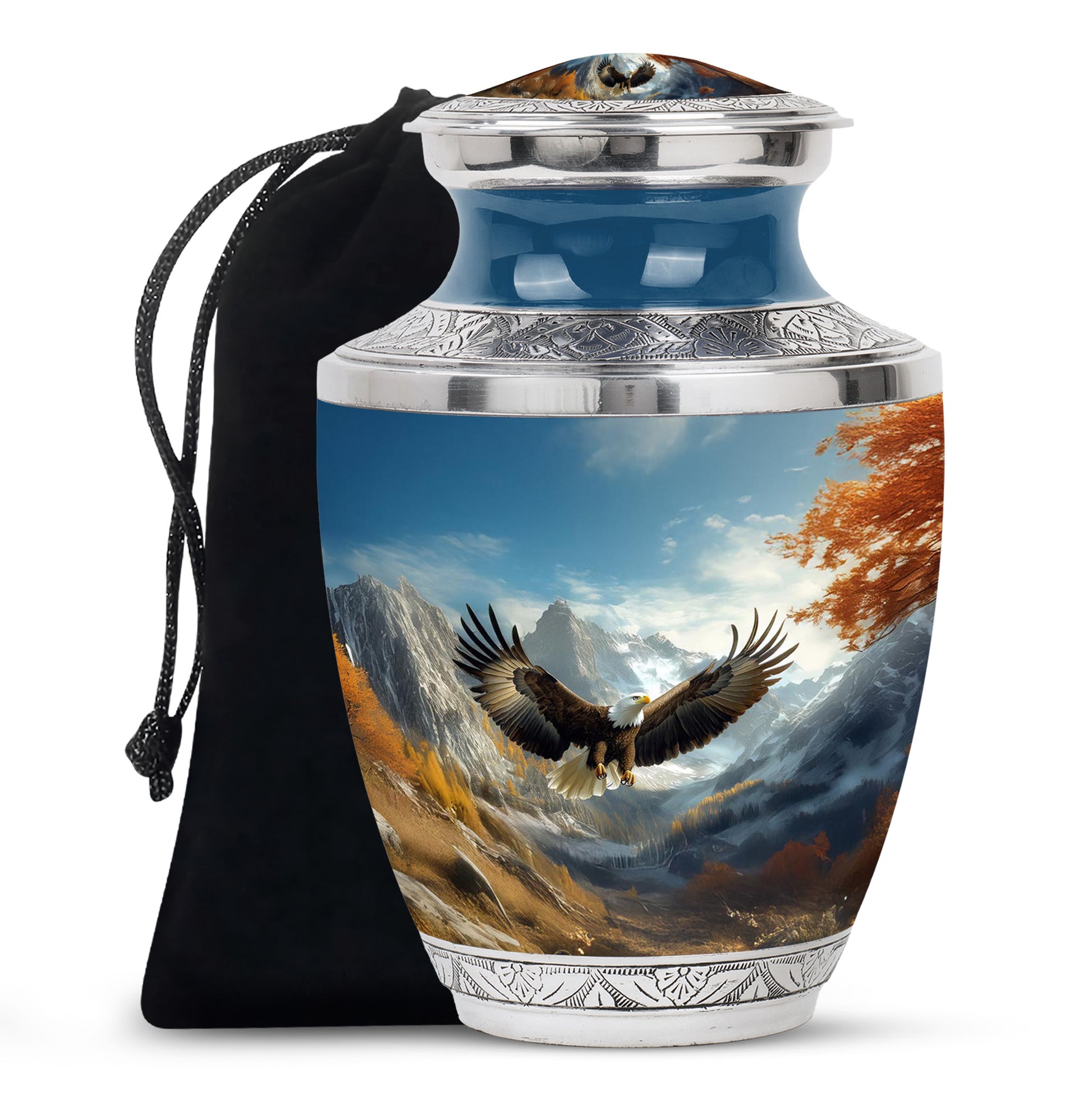 Azure Eagle Cremation Urn side profile showing urn shape - modern art-inspired eagle motif on sleek aluminum - full-size 10 inch 200 cubic inch adult cremation urn