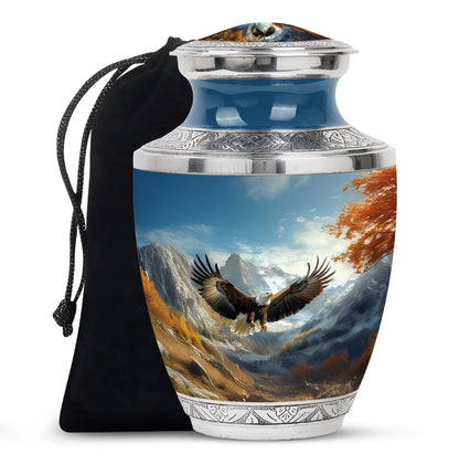Azure Eagle Cremation Urn side profile showing urn shape - modern art-inspired eagle motif on sleek aluminum - full-size 10 inch 200 cubic inch adult cremation urn