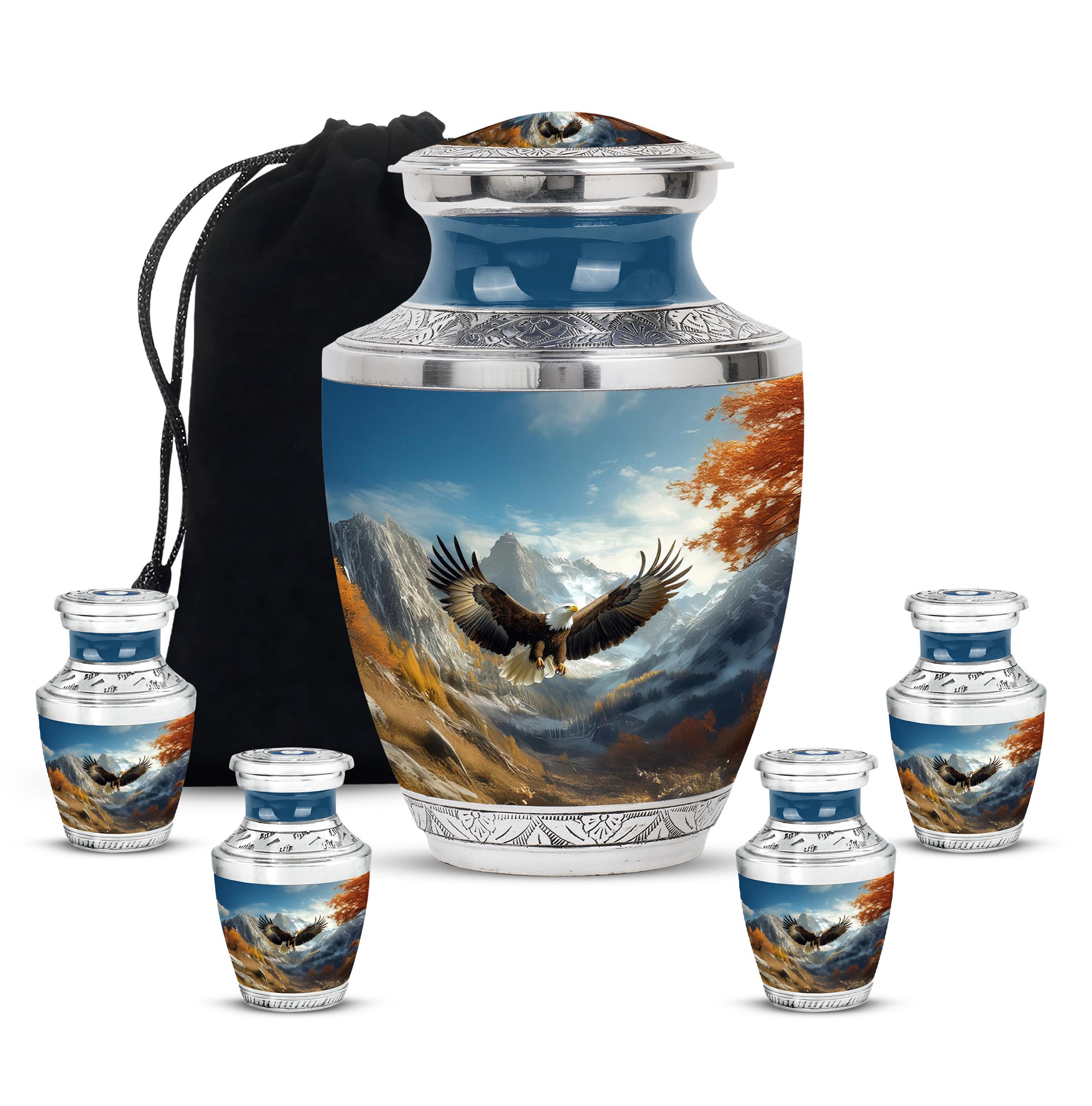 Soft Blue Eagle Cremation Urn lifestyle display on memorial shelf - artistic eagle interpretation with creative detail - memorial set with one large and four small urns