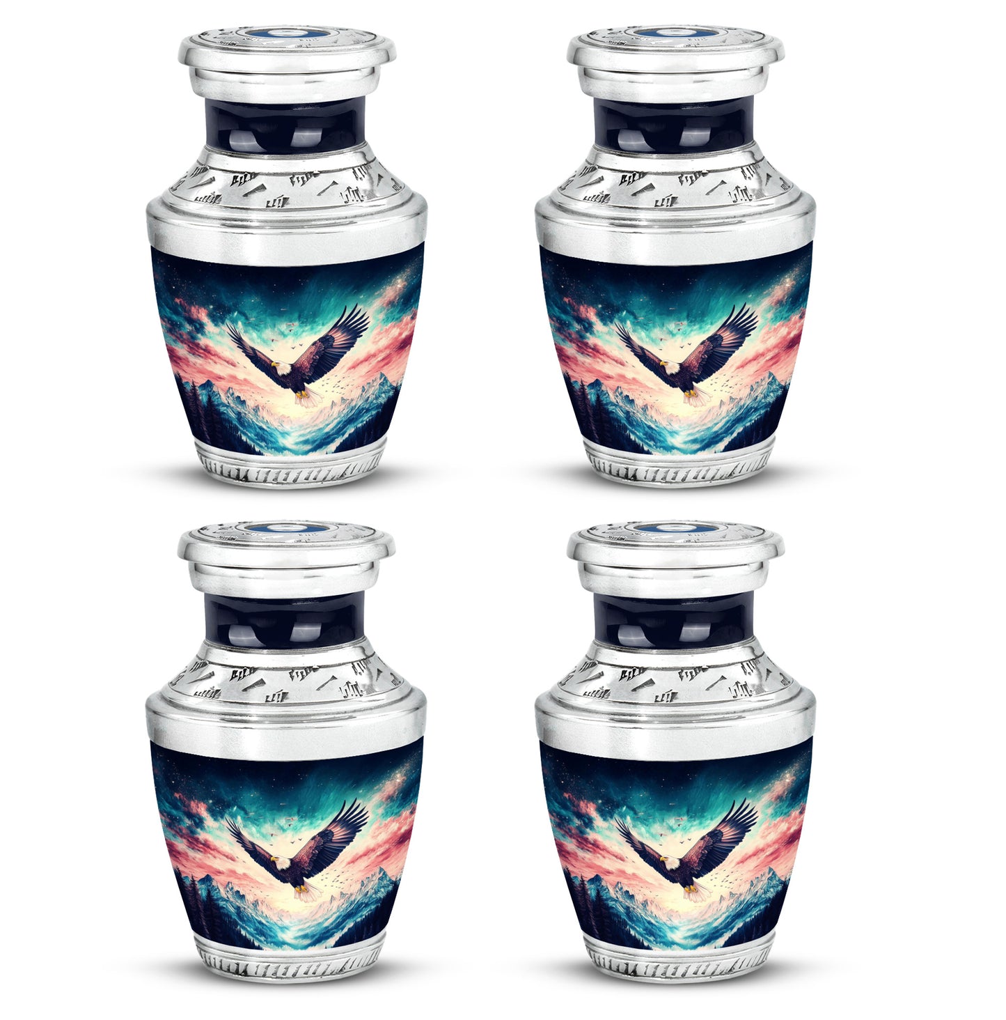 Vivid Blue Eagle Cremation Urn back view with polished surface - artistic eagle interpretation with creative detail - 10 inch aluminum urn for cremated remains
