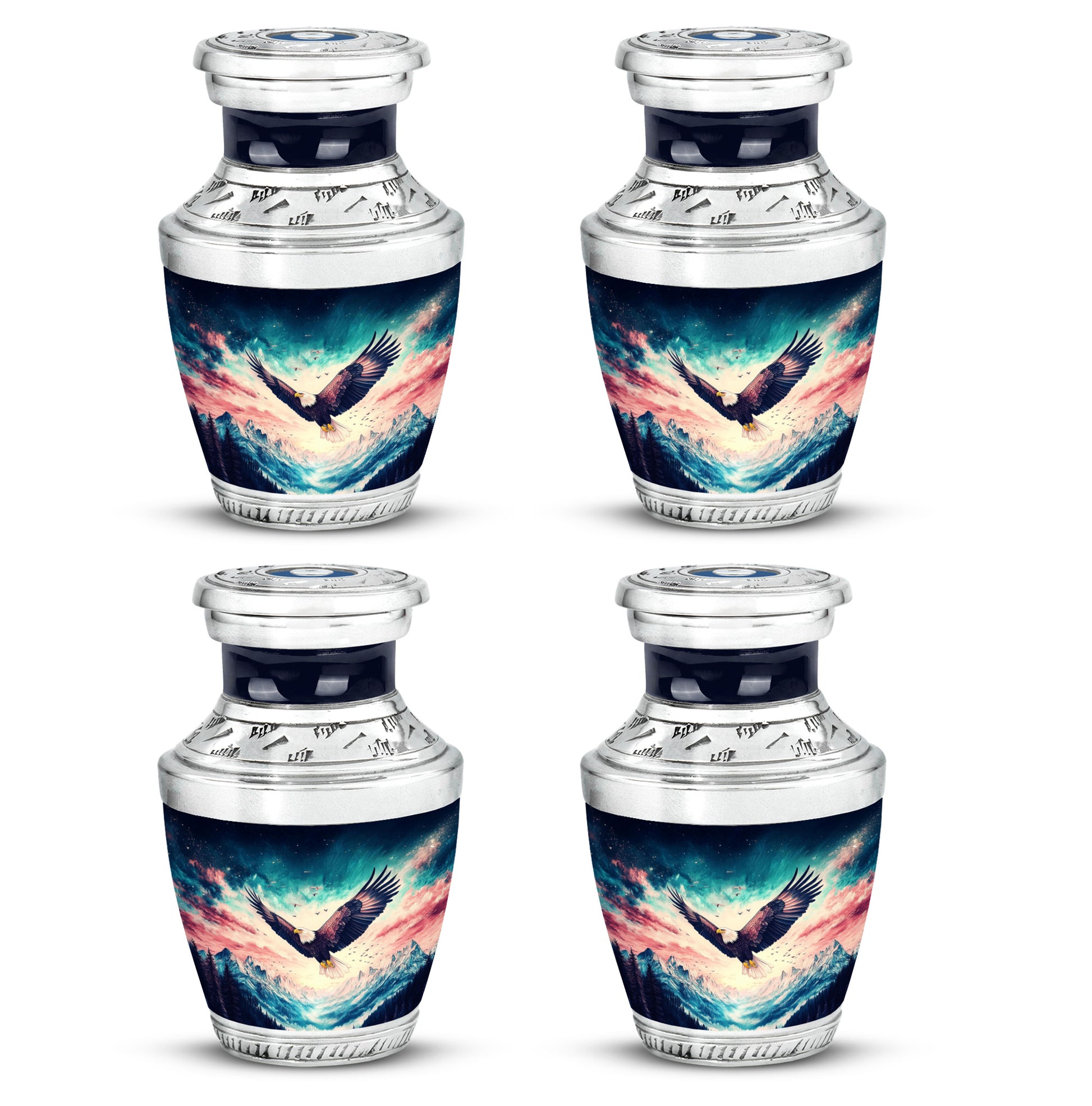 Vivid Blue Eagle Cremation Urn back view with polished surface - artistic eagle interpretation with creative detail - 10 inch aluminum urn for cremated remains