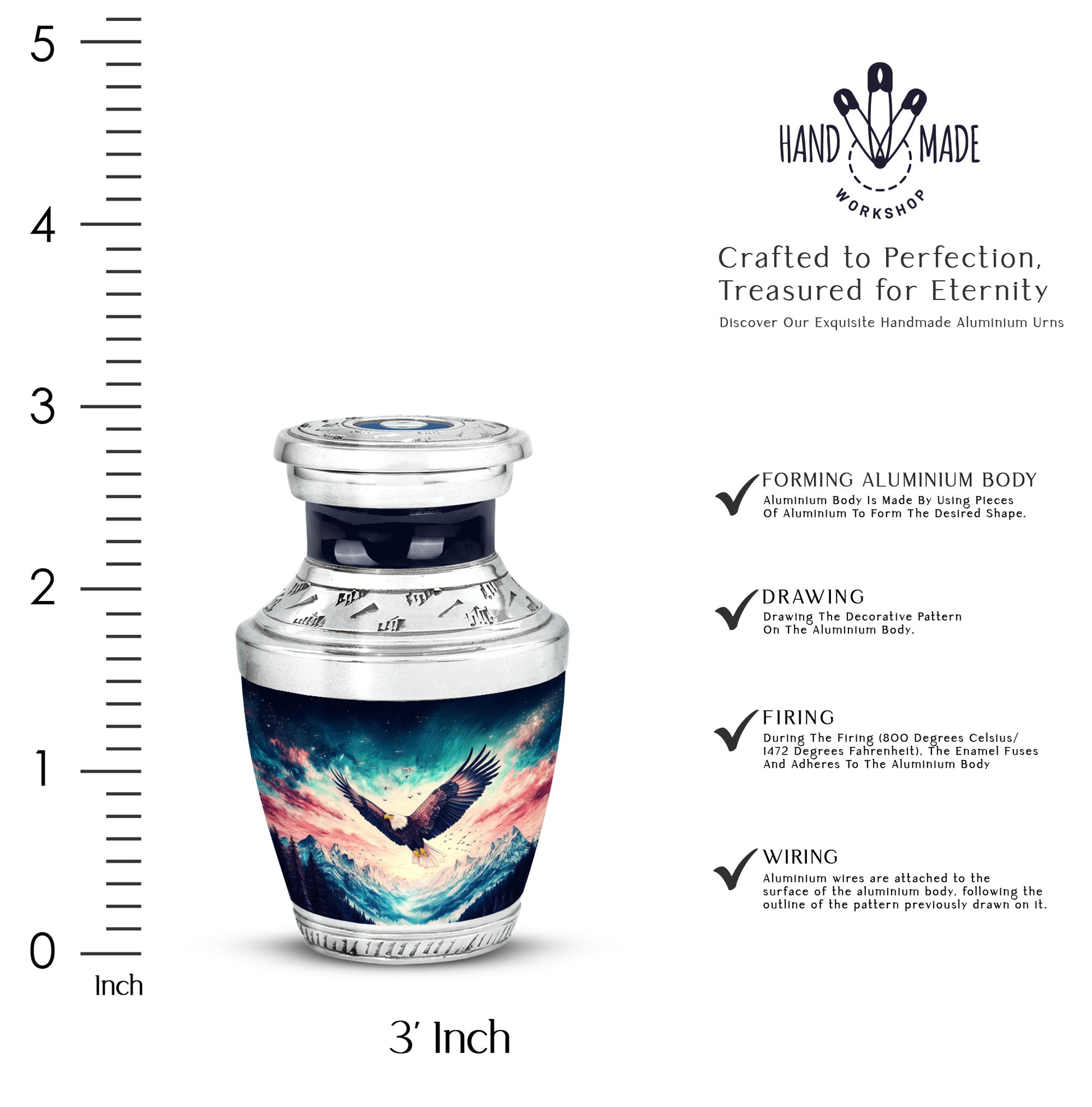 Soft Blue Eagle Cremation Urn top-down view of secure threaded lid - stylized abstract eagle pattern with bold lines - mini keepsake memorial for portion of cremation ashes