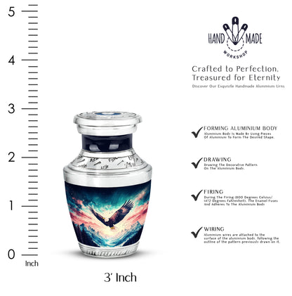 Soft Blue Eagle Cremation Urn top-down view of secure threaded lid - stylized abstract eagle pattern with bold lines - mini keepsake memorial for portion of cremation ashes