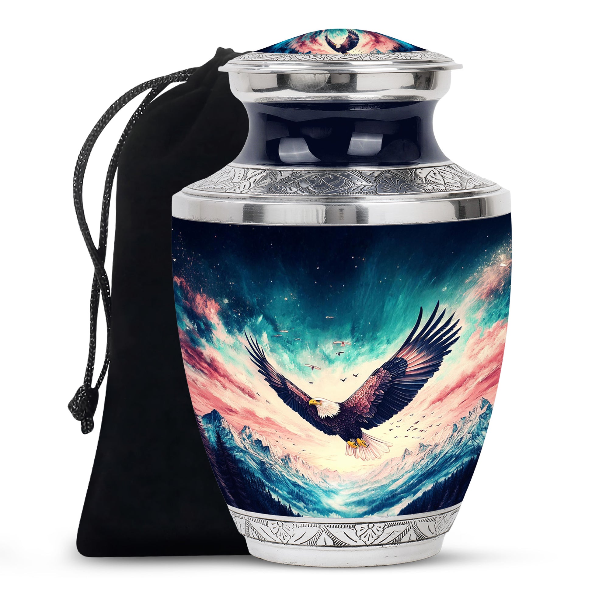 Slate Blue Eagle Cremation Urn side profile showing urn shape - contemporary eagle design with modern artistic flair - full-size 10 inch 200 cubic inch adult cremation urn
