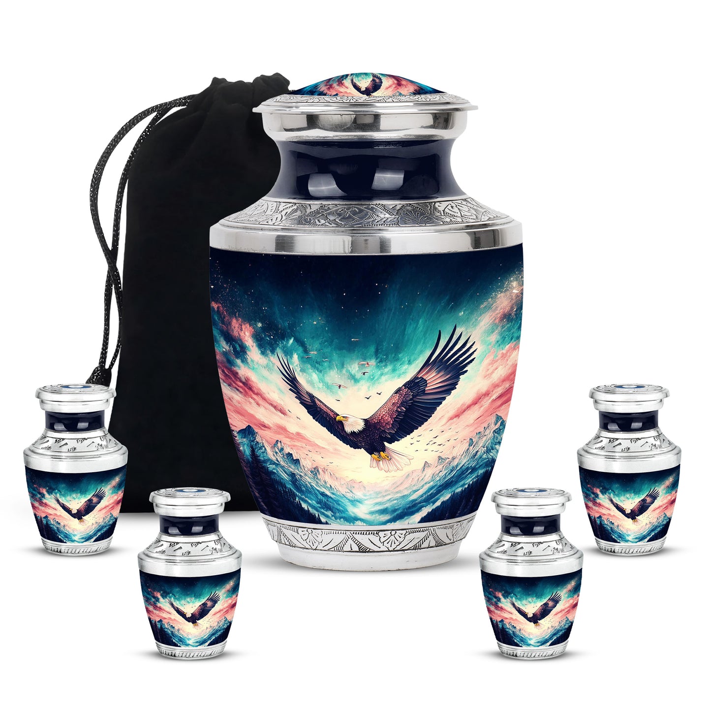 Navy Blue Eagle Cremation Urn lifestyle display on memorial shelf - contemporary eagle design with modern artistic flair - memorial set with one large and four small urns