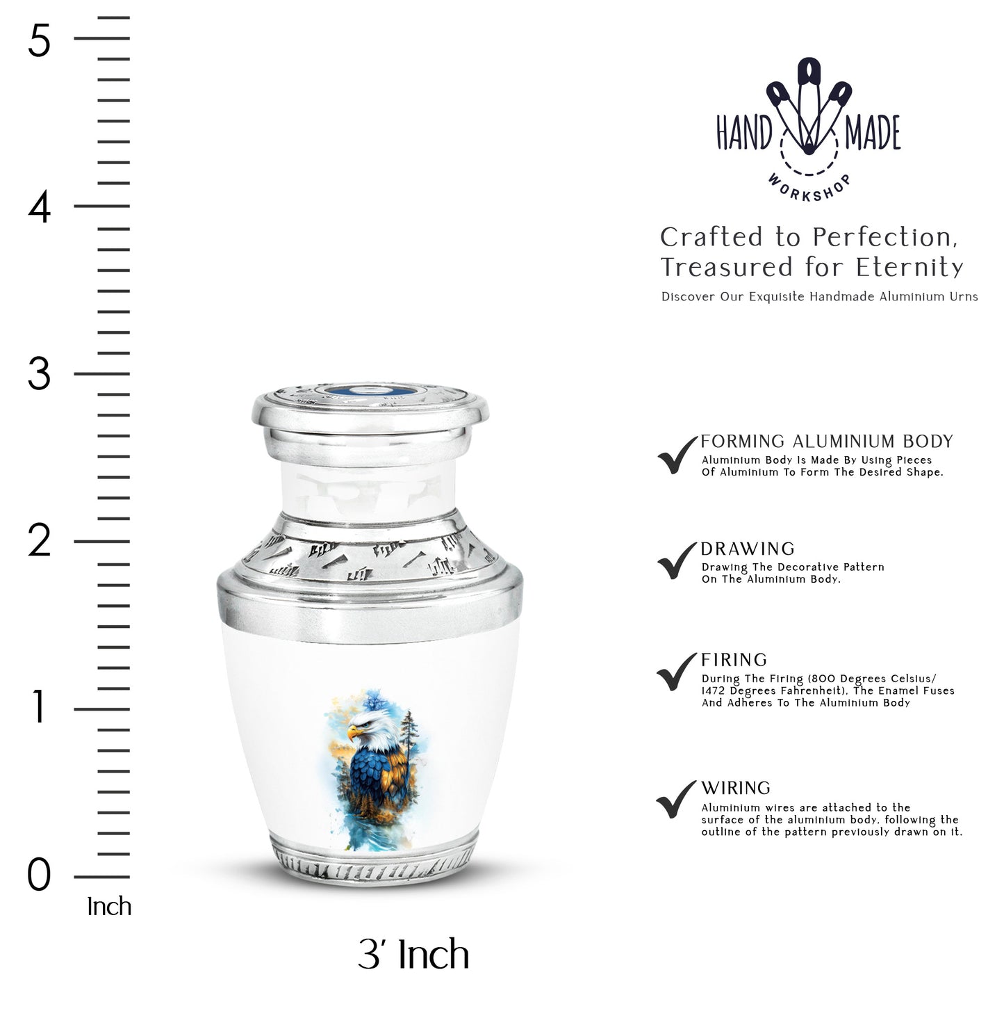Polished Silver Eagle Cremation Urn top-down view of secure threaded lid - artistic eagle interpretation with creative detail - mini keepsake memorial for portion of cremation ashes
