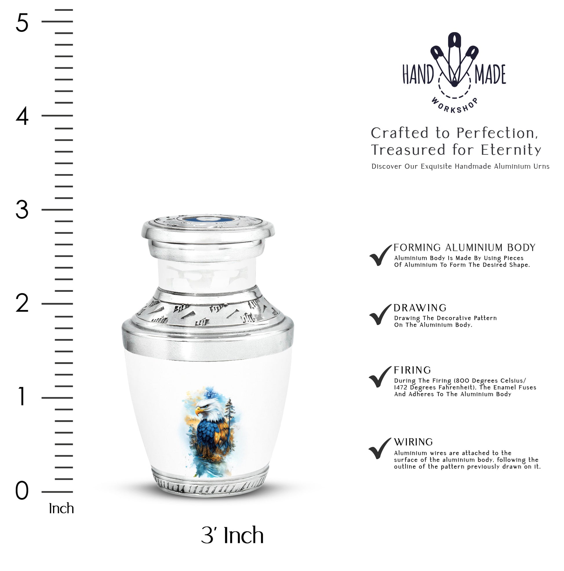 Polished Silver Eagle Cremation Urn top-down view of secure threaded lid - artistic eagle interpretation with creative detail - mini keepsake memorial for portion of cremation ashes