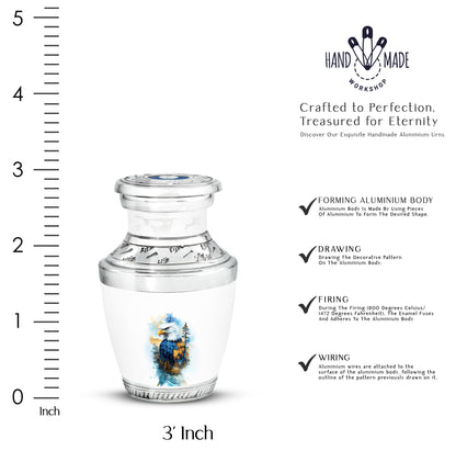 Polished Silver Eagle Cremation Urn top-down view of secure threaded lid - artistic eagle interpretation with creative detail - mini keepsake memorial for portion of cremation ashes