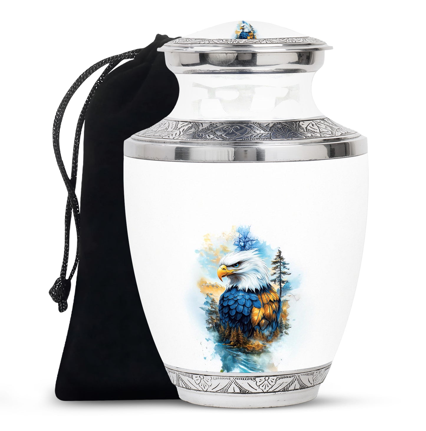 Chrome Silver Eagle Cremation Urn side profile showing urn shape - stylized abstract eagle pattern with bold lines - full-size 10 inch 200 cubic inch adult cremation urn