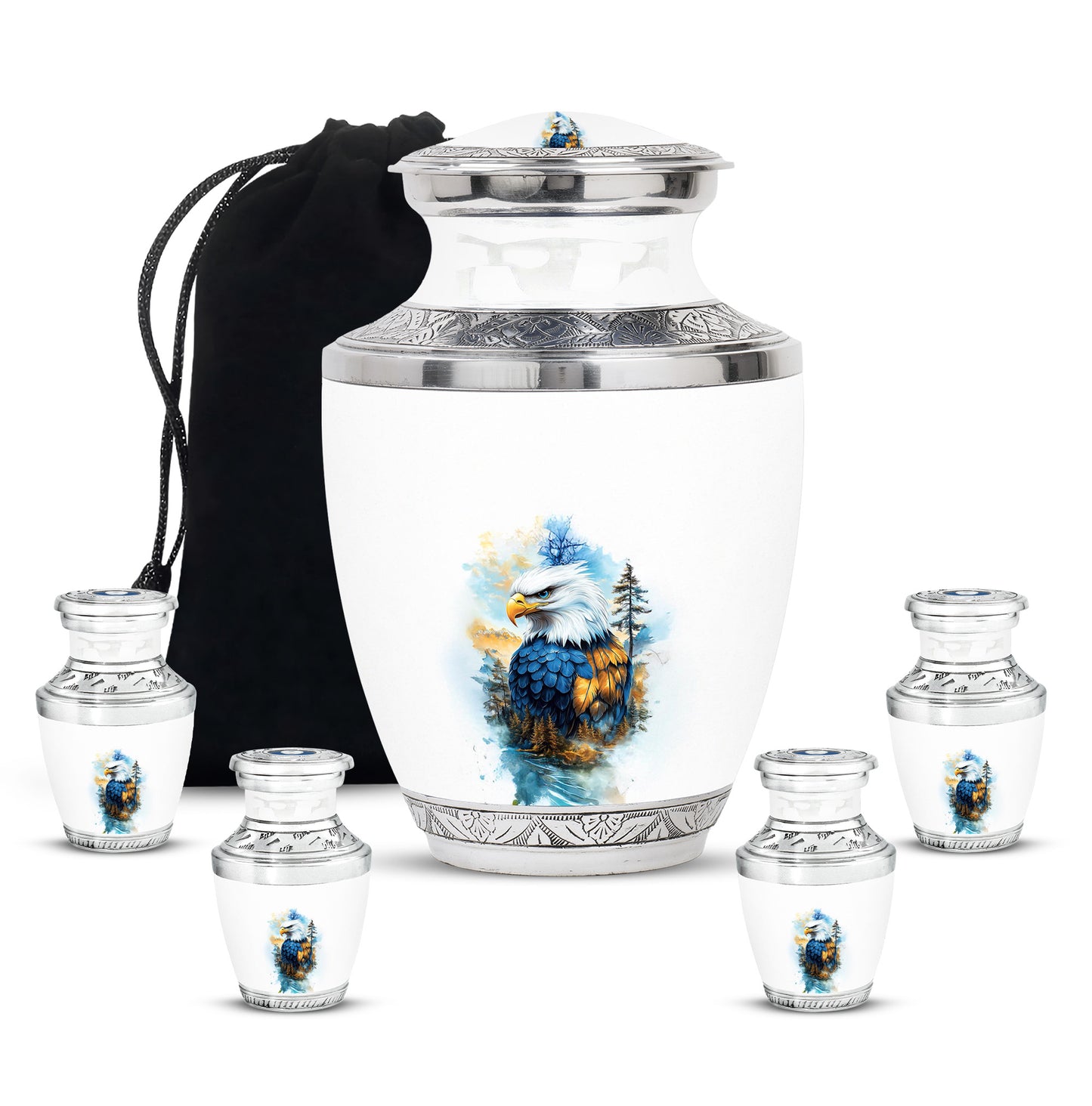 Antique Silver Eagle Cremation Urn lifestyle display on memorial shelf - artistic eagle interpretation with creative detail - memorial set with one large and four small urns