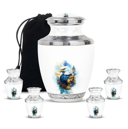 Antique Silver Eagle Cremation Urn lifestyle display on memorial shelf - artistic eagle interpretation with creative detail - memorial set with one large and four small urns