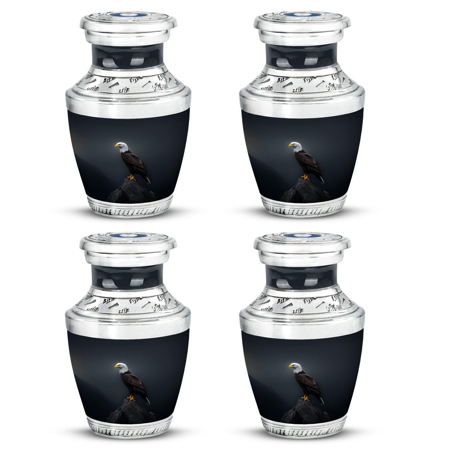 Misty Blue Eagle Cremation Urn back view with polished surface - modern art-inspired eagle motif on sleek aluminum - 10 inch aluminum urn for cremated remains