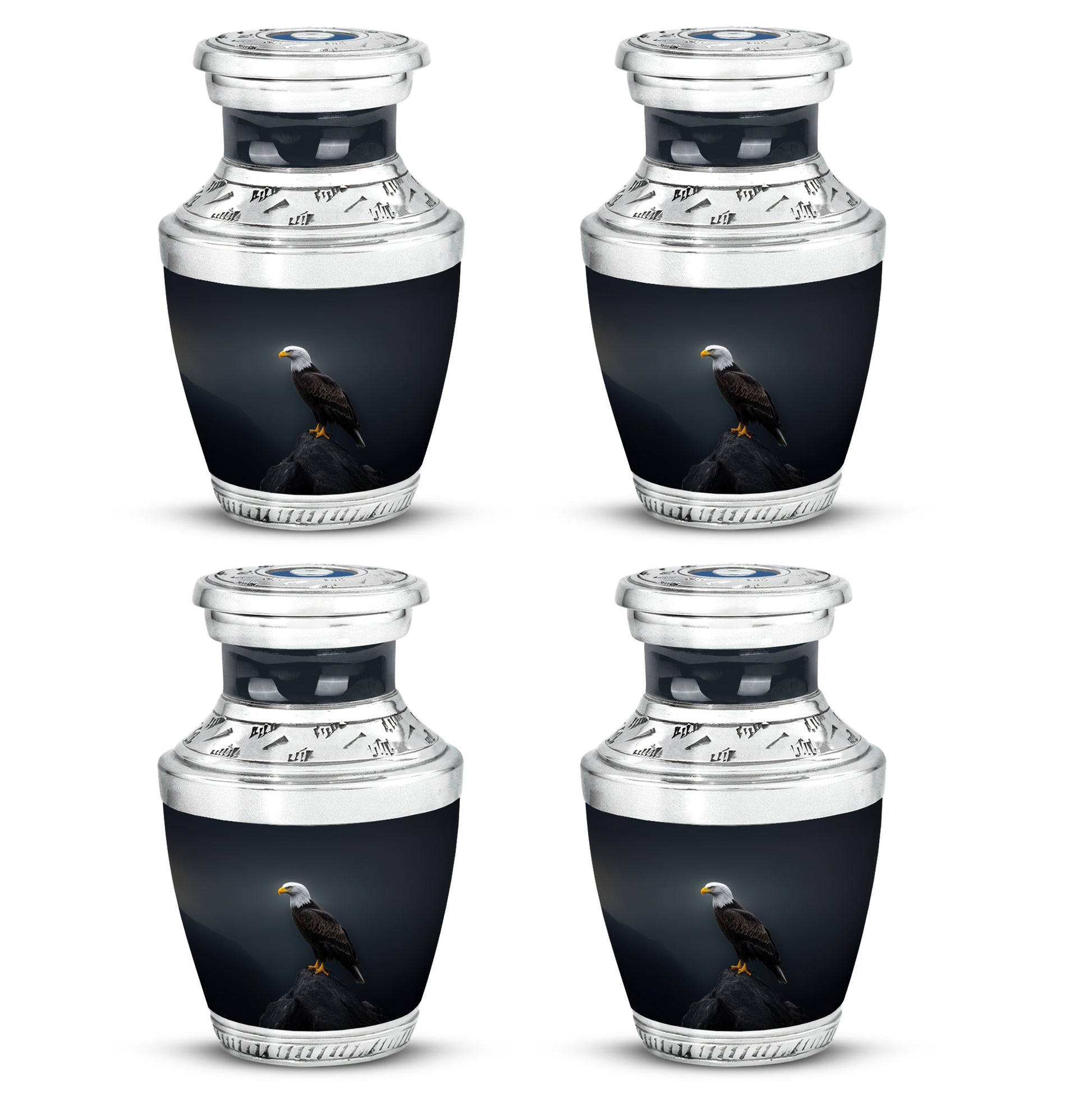 Misty Blue Eagle Cremation Urn back view with polished surface - modern art-inspired eagle motif on sleek aluminum - 10 inch aluminum urn for cremated remains