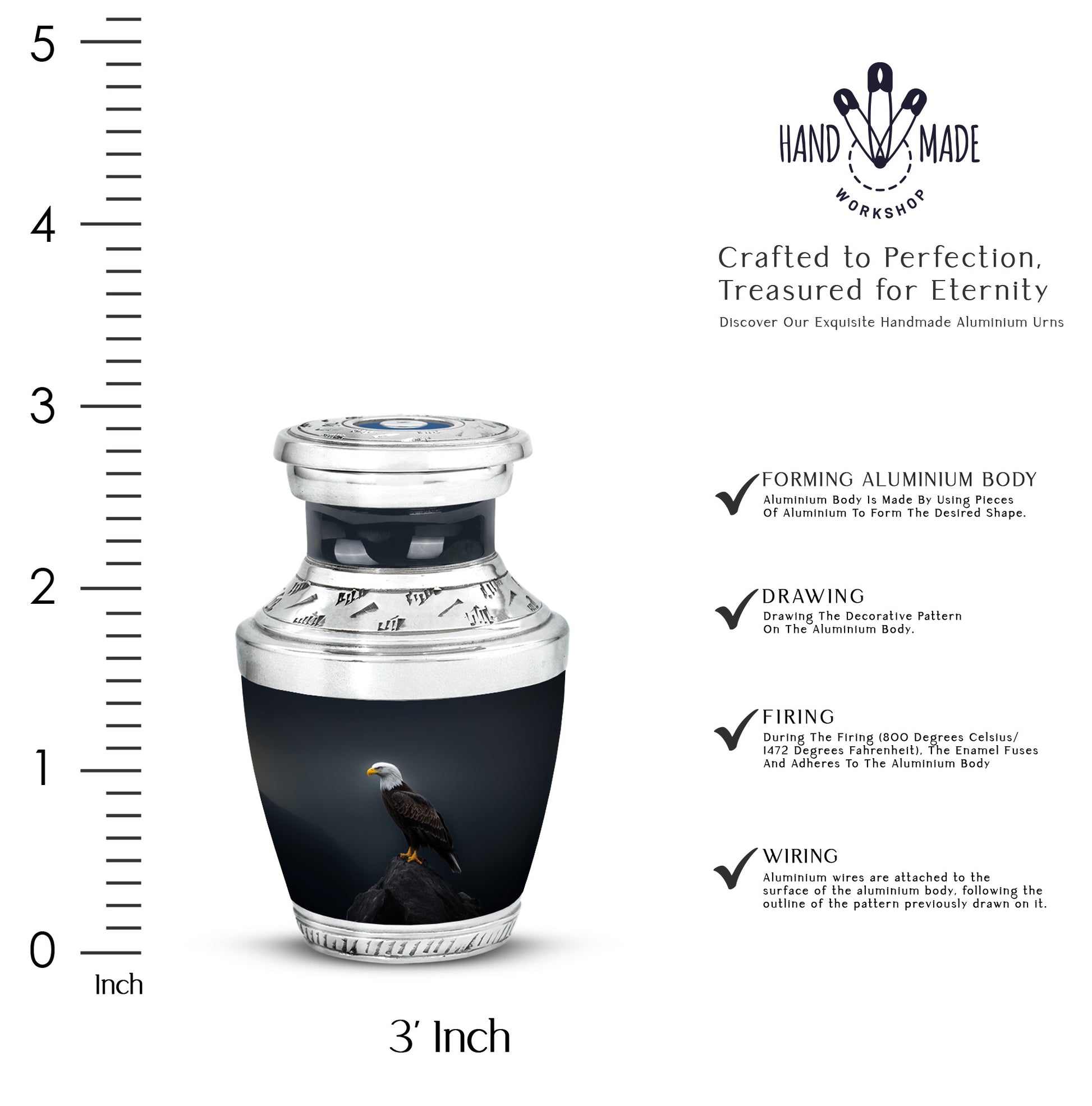 Sky Blue Eagle Cremation Urn top-down view of secure threaded lid - modern art-inspired eagle motif on sleek aluminum - mini keepsake memorial for portion of cremation ashes
