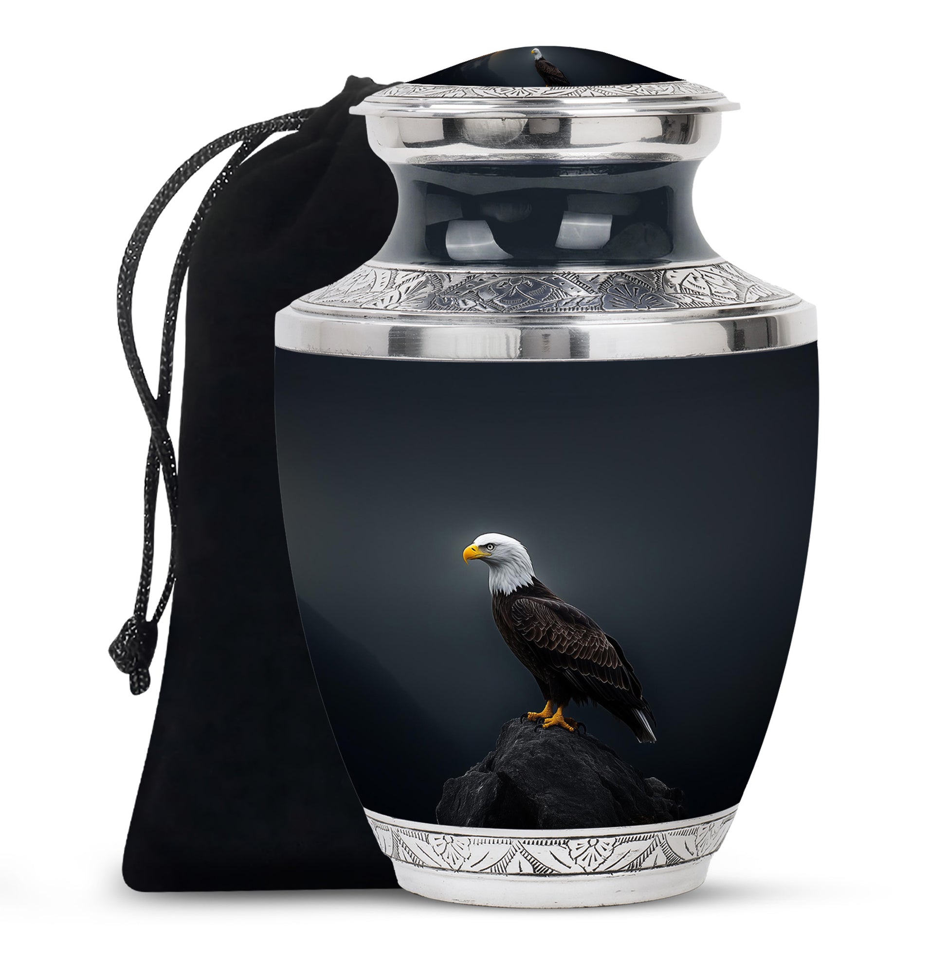 Powder Blue Eagle Cremation Urn side profile showing urn shape - modern art-inspired eagle motif on sleek aluminum - full-size 10 inch 200 cubic inch adult cremation urn