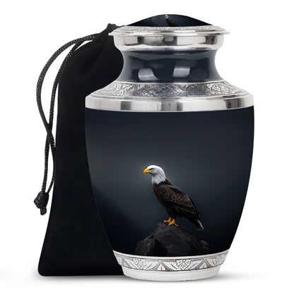 Powder Blue Eagle Cremation Urn side profile showing urn shape - modern art-inspired eagle motif on sleek aluminum - full-size 10 inch 200 cubic inch adult cremation urn