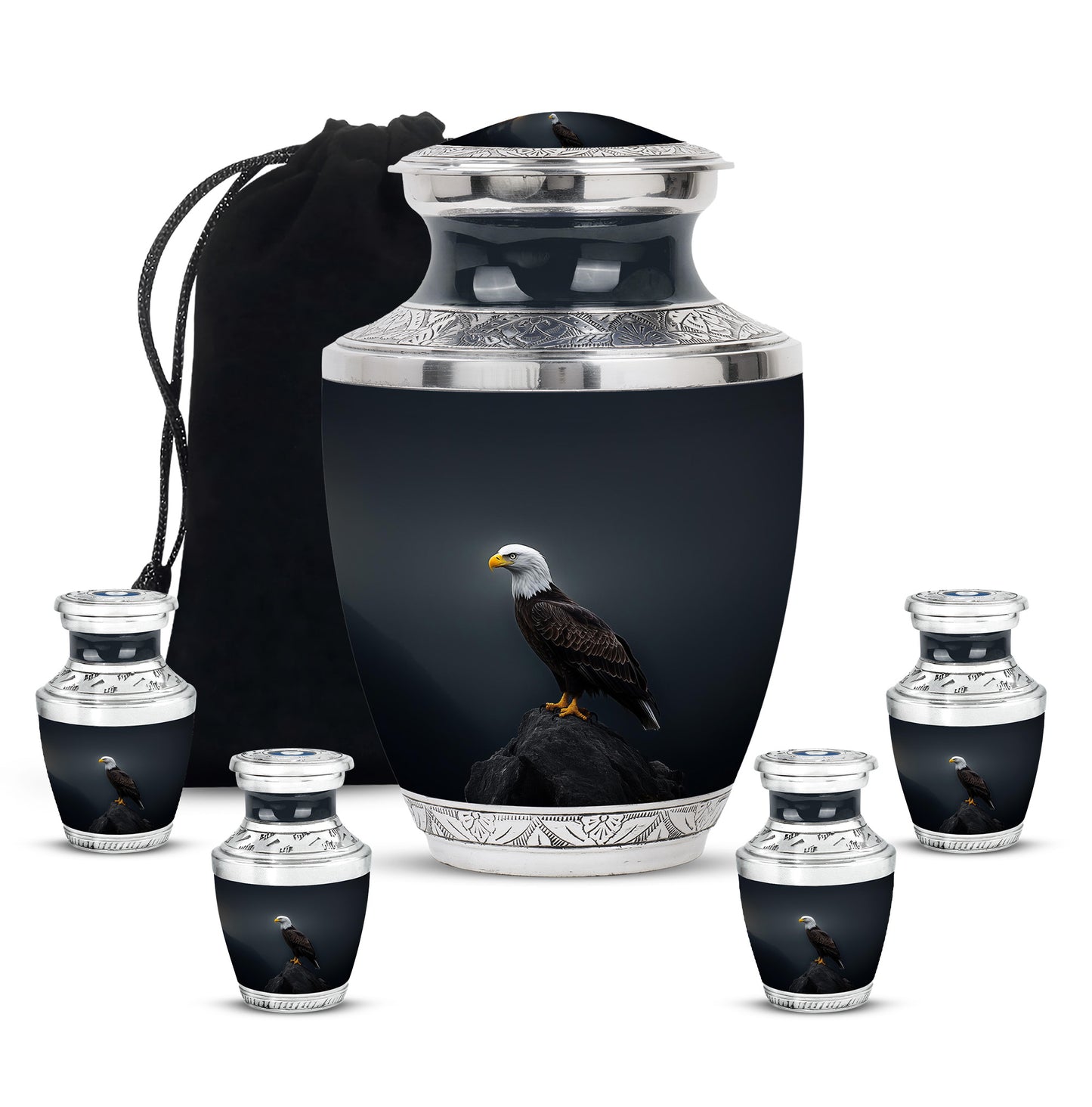 Powder Blue Eagle Cremation Urn lifestyle display on memorial shelf - contemporary eagle design with modern artistic flair - memorial set with one large and four small urns