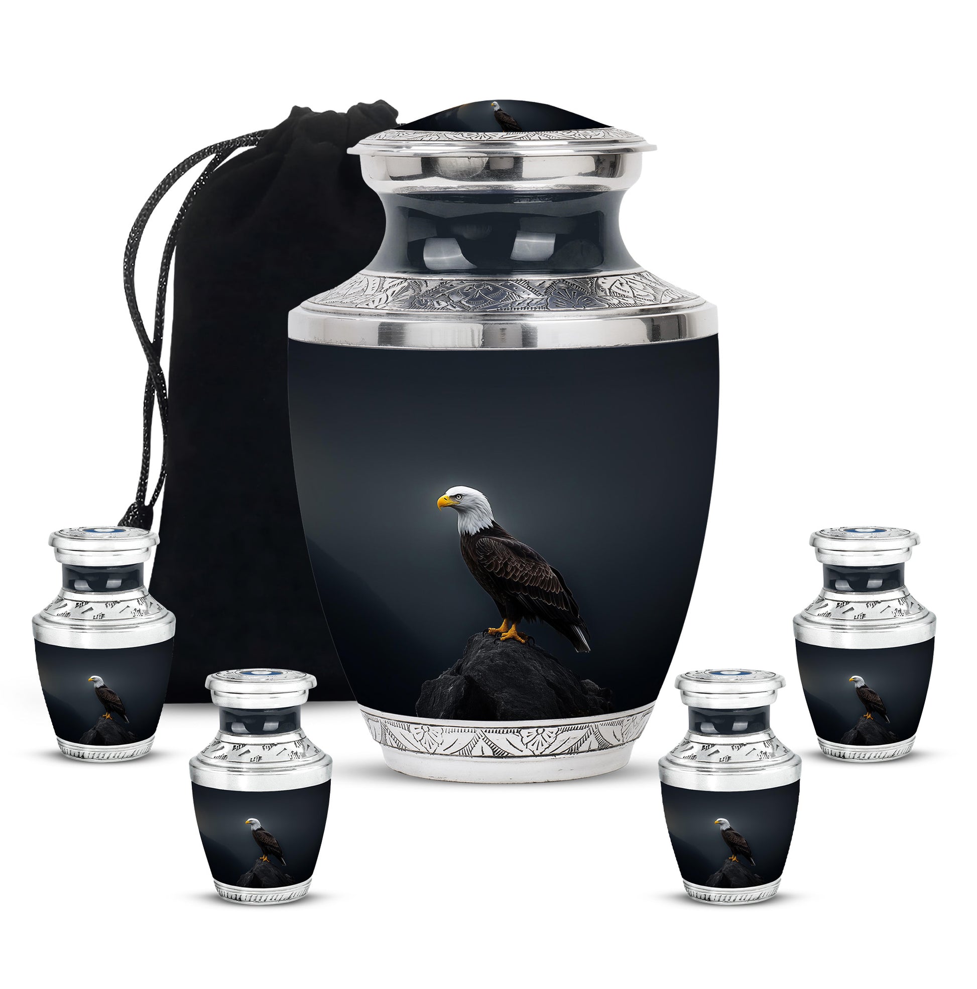 Powder Blue Eagle Cremation Urn lifestyle display on memorial shelf - contemporary eagle design with modern artistic flair - memorial set with one large and four small urns
