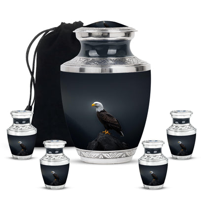 Powder Blue Eagle Cremation Urn lifestyle display on memorial shelf - contemporary eagle design with modern artistic flair - memorial set with one large and four small urns
